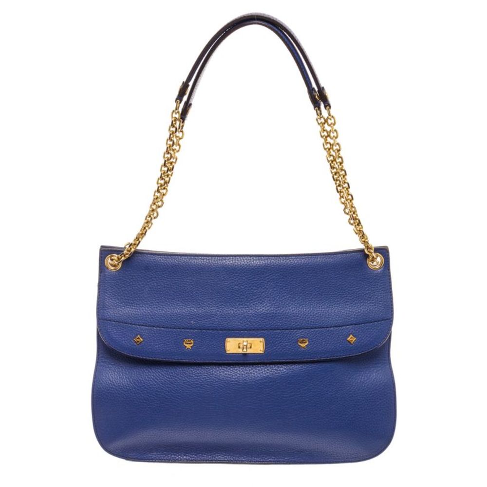 MCM Blue Leather Chain Shoulder Bag